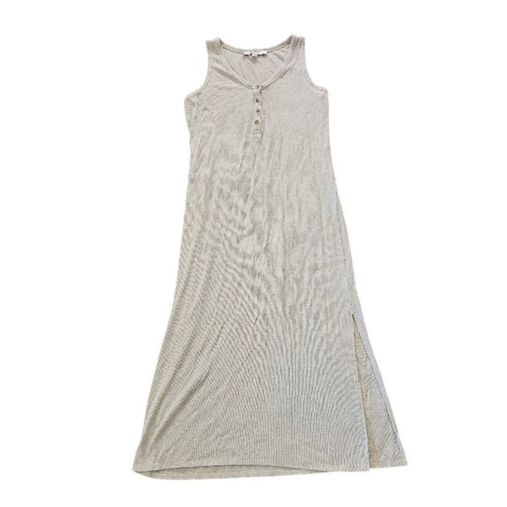 LOFT Womens Beige Ribbed Knit Henley Maxi Dress Sleeveless Side Slit Small